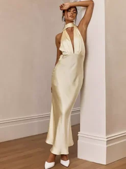 Satin Halter Maxi Dress For Women - Elegant Backless Deep V Neck Mermaid Gown With Scarf - Summer Wedding Guest 2026