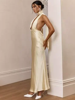 Satin Halter Maxi Dress For Women - Elegant Backless Deep V Neck Mermaid Gown With Scarf - Summer Wedding Guest 2026