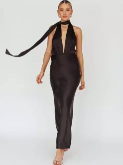 Satin Halter Maxi Dress For Women - Elegant Backless Deep V Neck Mermaid Gown With Scarf - Summer Wedding Guest 2026