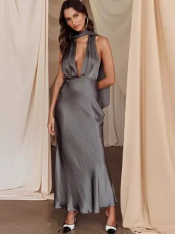 Satin Halter Maxi Dress For Women - Elegant Backless Deep V Neck Mermaid Gown With Scarf - Summer Wedding Guest 2026