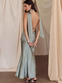 Satin Halter Maxi Dress For Women - Elegant Backless Deep V Neck Mermaid Gown With Scarf - Summer Wedding Guest 2026
