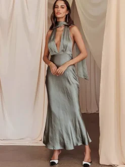 Satin Halter Maxi Dress For Women - Elegant Backless Deep V Neck Mermaid Gown With Scarf - Summer Wedding Guest 2026