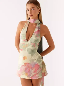 Satin Halter Mini Dress For Women - Backless Deep V Neck Short Gown With Scarf - Summer Cocktail Club 2026