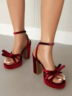 Satin High Heel Sandals Bow Platform Open Toe Chunky Heel Party Shoes