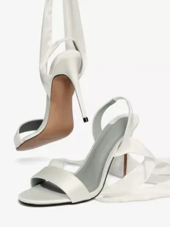 Satin High Heel Sandals White Lace Up Bow Round Toe Prom Shoes Ankle Strap Bridal Shoes