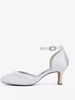 Satin Kitten Heel Wedding Shoes Round Toe Bow Bridal Shoes