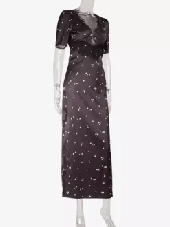Satin Lace Patchwork Maxi Dress For Women - Black Floral Print V-Neck Short Sleeve Slim Fit - Summer Night Out 2026