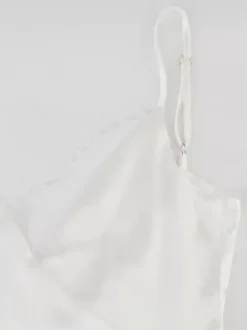 Satin Lace Trim Slip Dress For Women - White Sexy V-Neck Spaghetti Strap Mini Camisole - Summer Date Night 2026