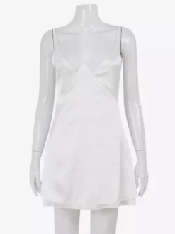 Satin Lace Trim Slip Dress For Women - White Sexy V-Neck Spaghetti Strap Mini Camisole - Summer Date Night 2026