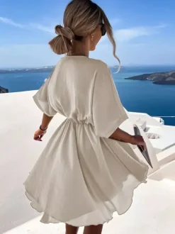 Satin Mini Dress for Women - Boho Wrap V Neck Short Sleeve Skater Dress - Summer Beach Party 2026
