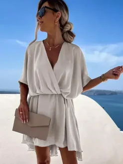 Satin Mini Dress for Women - Boho Wrap V Neck Short Sleeve Skater Dress - Summer Beach Party 2026