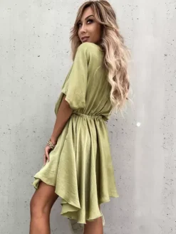 Satin Mini Dress for Women - Boho Wrap V Neck Short Sleeve Skater Dress - Summer Beach Party 2026