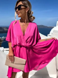 Satin Mini Dress for Women - Boho Wrap V Neck Short Sleeve Skater Dress - Summer Beach Party 2026