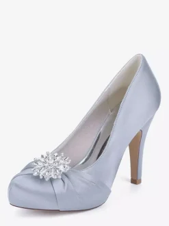 Satin Mother Of The Bride Shoes Round Toe Rhinestones High Heel Wedding Shoes