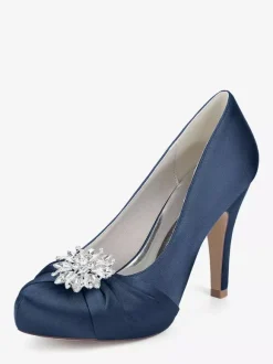Satin Mother Of The Bride Shoes Round Toe Rhinestones High Heel Wedding Shoes