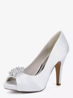 Satin Mother Of The Bride Shoes Peep Toe Rhinestones High Heel Wedding Shoes