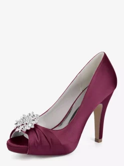 Satin Mother Of The Bride Shoes Peep Toe Rhinestones High Heel Wedding Shoes