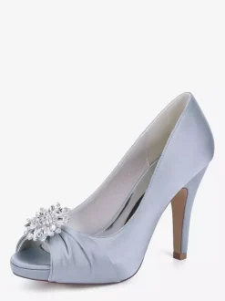 Satin Mother Of The Bride Shoes Peep Toe Rhinestones High Heel Wedding Shoes