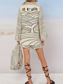 Satin Print Pajama Set For Women - Coastal Graphic V-Neck Long Sleeve Shirt And Shorts - Summer Cruise Party 2026