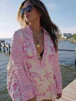 Satin Print Pajama Set For Women - Coastal Graphic V-Neck Long Sleeve Shirt And Shorts - Summer Cruise Party 2026