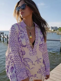 Satin Print Pajama Set For Women - Coastal Graphic V-Neck Long Sleeve Shirt And Shorts - Summer Cruise Party 2026