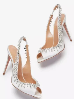 Satin Slingback Pumps Peep Toe Rhinestones High Heel Party Shoes