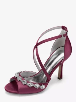 Satin Wedding Shoes Peep Toe Rhinestones Criss Cross Bridal Shoes