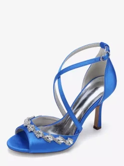 Satin Wedding Shoes Peep Toe Rhinestones Criss Cross Bridal Shoes