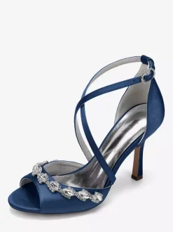Satin Wedding Shoes Peep Toe Rhinestones Criss Cross Bridal Shoes