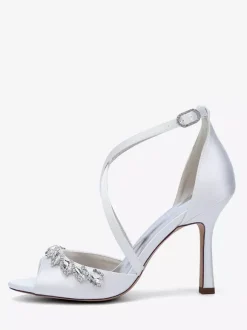 Satin Wedding Shoes Peep Toe Rhinestones Criss Cross Bridal Shoes