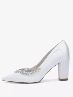 Satin Wedding Shoes Pointed Toe Rhinestones Chunky Heel Bridal Shoes