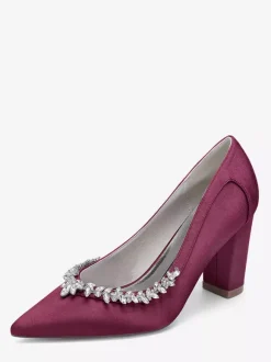 Satin Wedding Shoes Pointed Toe Rhinestones Chunky Heel Bridal Shoes