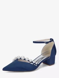 Satin Wedding Shoes Pointed Toe Pearls Ankle Strap Chunky Heel Pumps