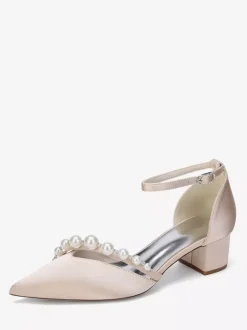 Satin Wedding Shoes Pointed Toe Pearls Ankle Strap Chunky Heel Pumps
