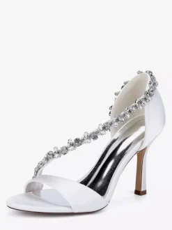 Satin Wedding Shoes Pointy Toe Rhinestones High Heel Bridal Shoes