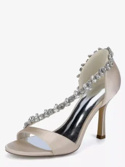 Satin Wedding Shoes Pointy Toe Rhinestones High Heel Bridal Shoes
