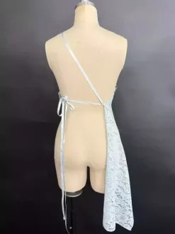 Scalloped Halter Lace Cami Top Irregular Asymmetrical Hem Back Tie Wrap Sheer Sleeveless Tank Top