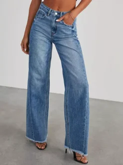 Seam Front Wide Leg Jeans For Women - Retro Raw Hem Washed Denim - Spring Casual Streetwear 2026