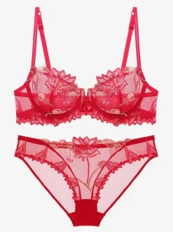 See Through Flower Chic Lingerie 2-Piece Lace Black Bra Panty Sets