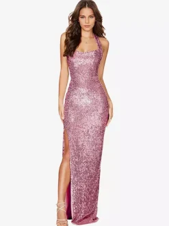 Sequin Birthday Party Dresses Sleeveless High-slit Semi Formal Prom Dress