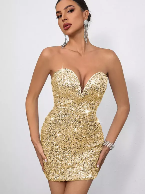 Sequin Bodycon Mini Dress With Sweetheart Neck And Bow Back For Parties 2026