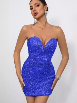 Sequin Bodycon Mini Dress With Sweetheart Neck And Bow Back For Parties 2026