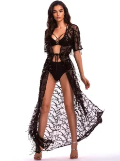 Sequin Cover-up Half Sleeve Sexy Sheer Beachwear For Women 2026