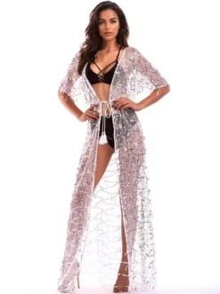 Sequin Cover-up Half Sleeve Sexy Sheer Beachwear For Women 2026