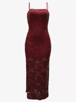 Sequin Floral Embroidery Sheer Hem Bodycon Maxi Dress For Women 2026