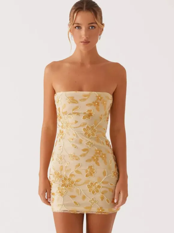 Sequin Floral Strapless Mini Dress For Women - Elegant Bodycon Slim Fit Tube Dress - Summer Cocktail Night Out 2026