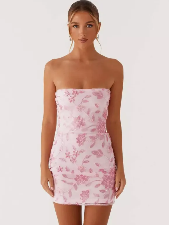 Sequin Floral Strapless Mini Dress For Women - Elegant Bodycon Slim Fit Tube Dress - Summer Cocktail Night Out 2026