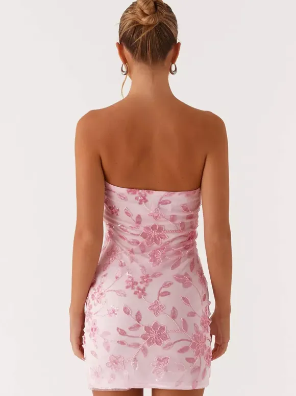 Sequin Floral Strapless Mini Dress For Women - Elegant Bodycon Slim Fit Tube Dress - Summer Cocktail Night Out 2026