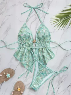 Sequin Halter Tankini Set For Women - Floral Applique 2 Piece Swimsuit With Starfish Charm - Summer Beach Party 2026