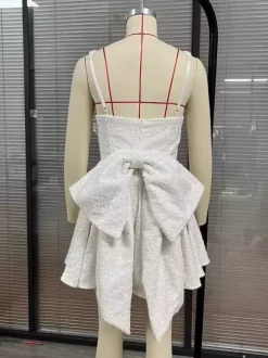 Sequin Mini Dress With Bow Back Square Neck A-Line Birthday Party Dress For Women 2026